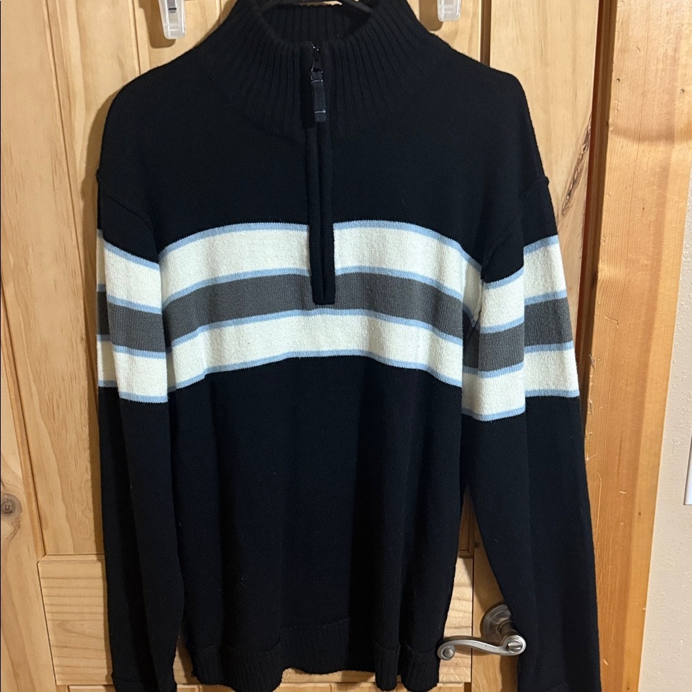 Men's Black Zip-Up Sweater with Gray and White Stripes